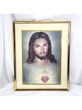 VTG Sacred Heart of Jesus Framed Print Religious Catholic Wall Art Ornate Frame